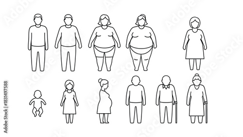 Human Body Types, Weight, and Life Stages Line Icon Set: Vector Illustration of Diverse Figures