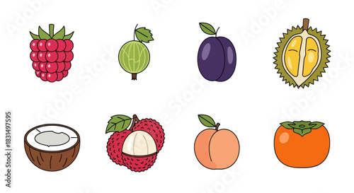 Collection of colorful fruit icons for healthy eating and design