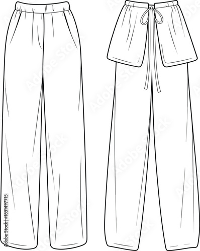 Women’s wide leg drawstring pants, fashion flat sketch, front and back view, casual trouser cad drawing flat vector illustration
