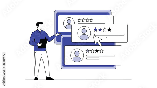 Customer Feedback and Online Review Management Vector Illustration. Professional Analyzing User Star Ratings and Service Satisfaction Metrics.