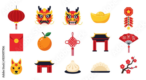Collection of decorative chinese new year festive symbols and elements