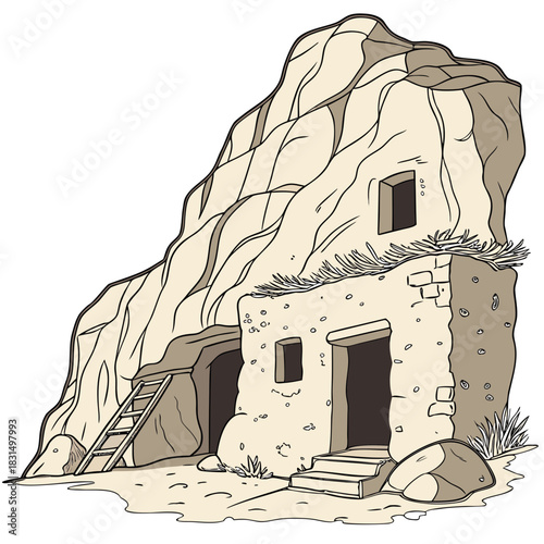 Cave dwelling with stone steps and ladder rock house