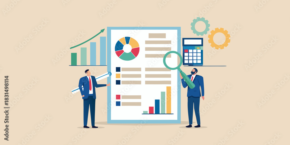 Obraz premium Business professionals analyzing financial reports and data with charts and calculator