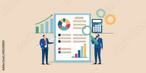Business professionals analyzing financial reports and data with charts and calculator