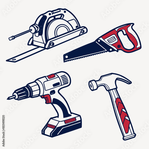 Circular saw hand saw drill and hammer icons power tool