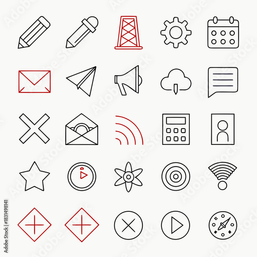 Collection of black and red line icons on white background