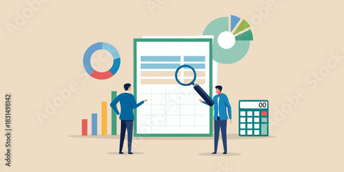 Business professionals analyzing financial data and charts with a calculator