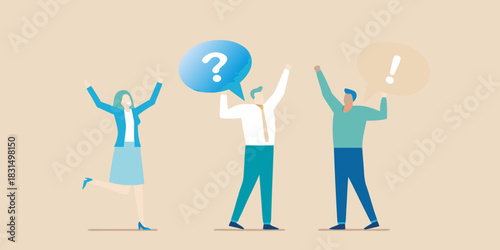 People with speech bubbles showing question and exclamation marks