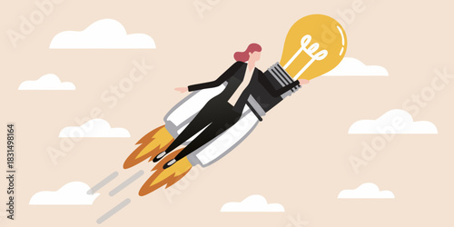 Businesswoman riding a rocket powered by a lightbulb symbolizing innovation and success