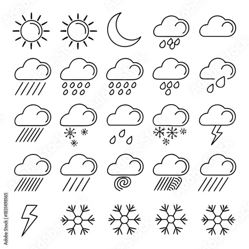Collection of black outline weather icons on white background