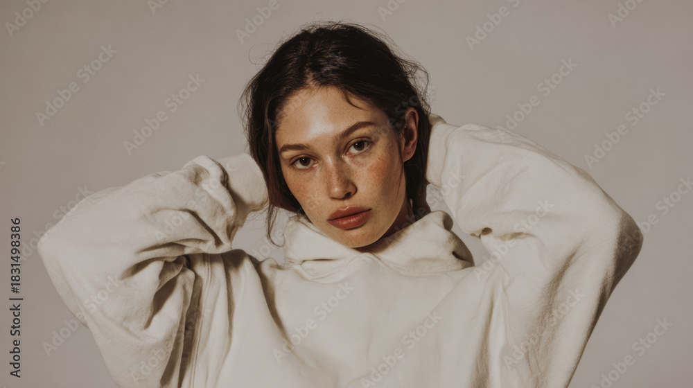 Fototapeta premium Young woman in casual clothing poses with hands in hair against simple background