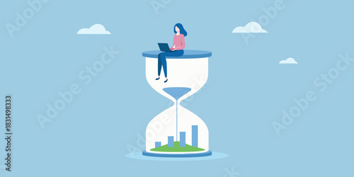 Woman working on laptop on top of hourglass with growth chart inside