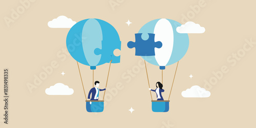 Business partners connecting puzzle pieces in hot air balloons