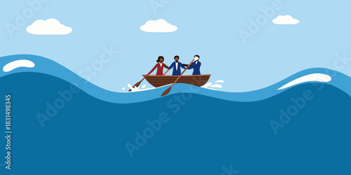 Diverse team rowing a boat together through choppy waters