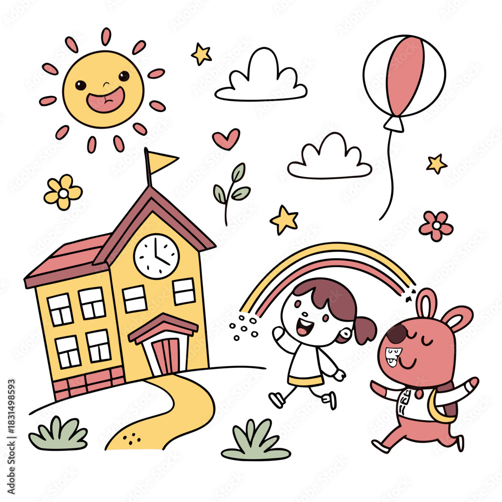 Obraz premium Cute cartoon school building with happy sun and children