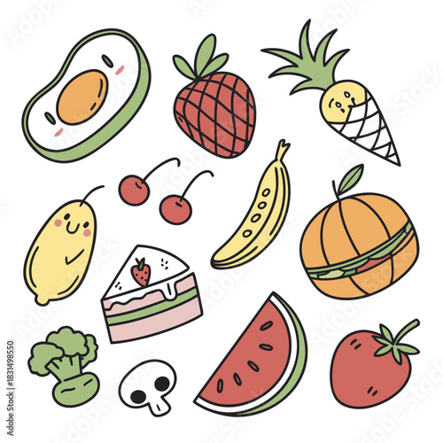 Cute cartoon food and fruit doodles with faces avocado