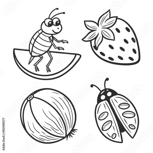 Cute cartoon insects and fruits hand drawn vector ladybug