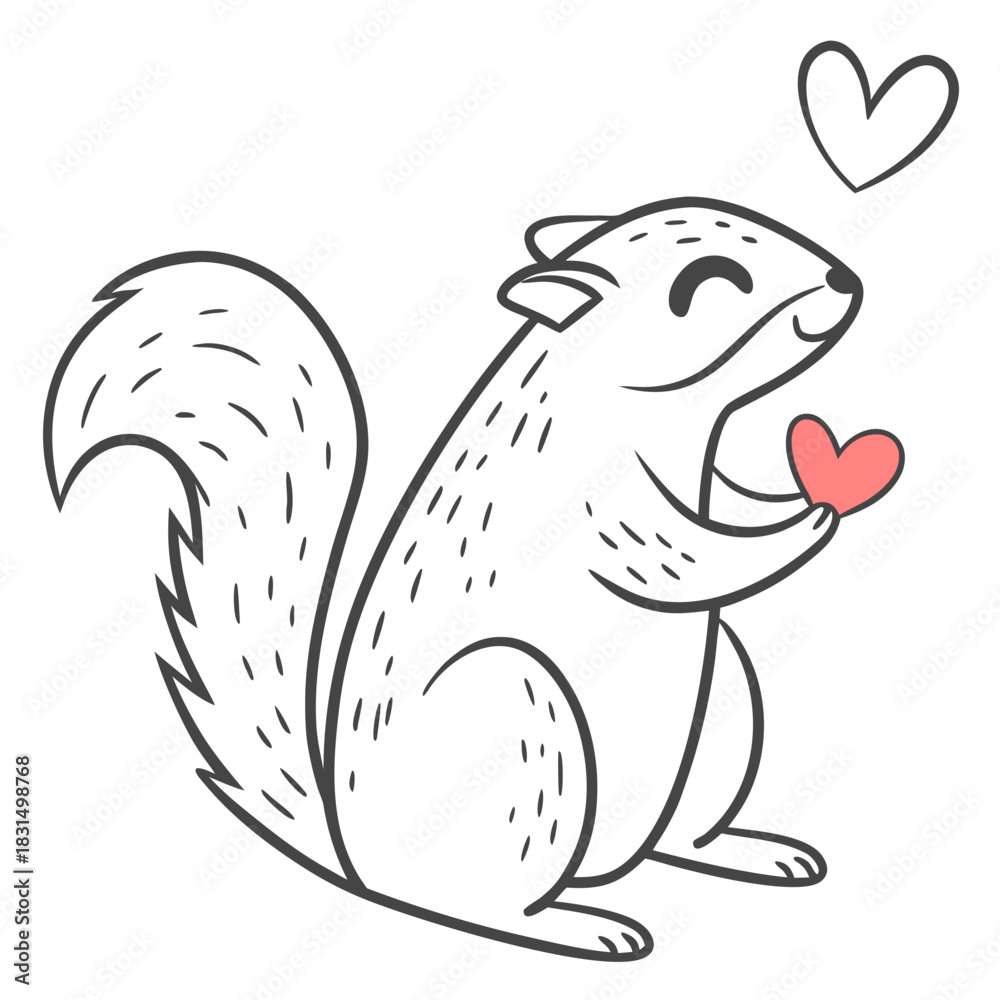 Fototapeta premium Cute squirrel holding pink heart with love hearts animal