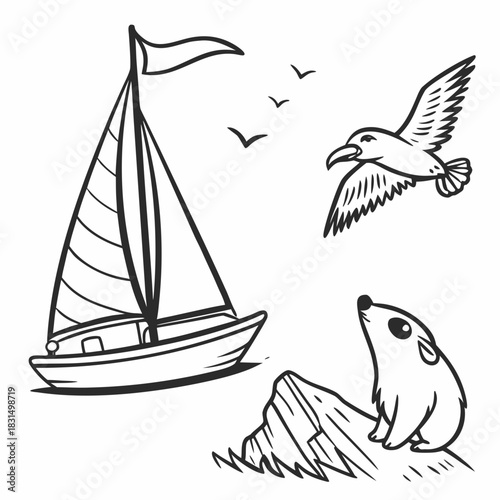 Cute hand drawn sailboat seagull and seal on rock sailing boat