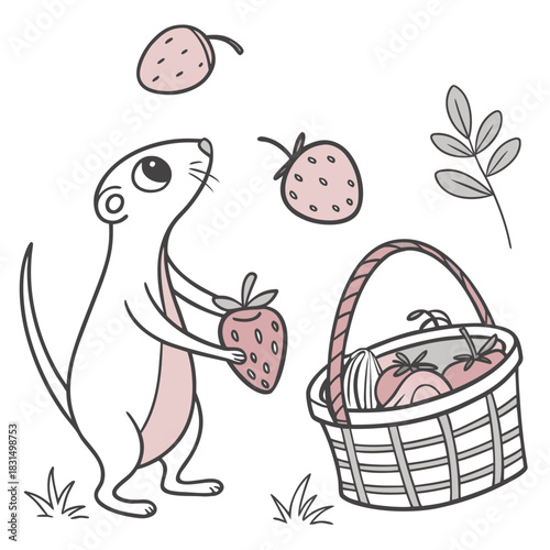 Cute weasel holding strawberry near basket of fruit