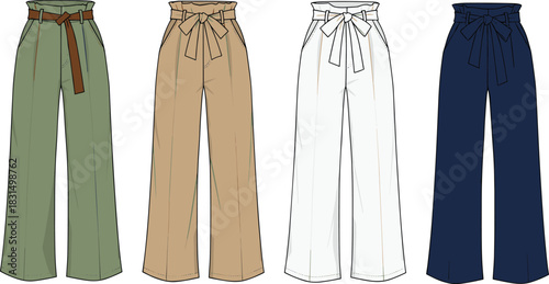 Women’s wide-leg paperbag pants technical fashion flat sketch with belt, front pleats, and pocket details, vector template.