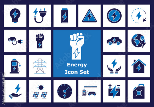 Flat Energy Icon Set: Electric Power, Sustainable Resources, EV Charging Station, Home Electricity, Battery Storage, and Renewable Glyph Icons.