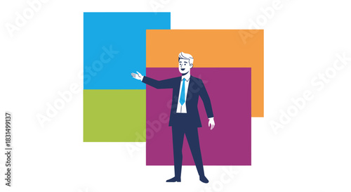 Illustration of a businessman standing in front of colorful squares, conveying a sense of business and presentation