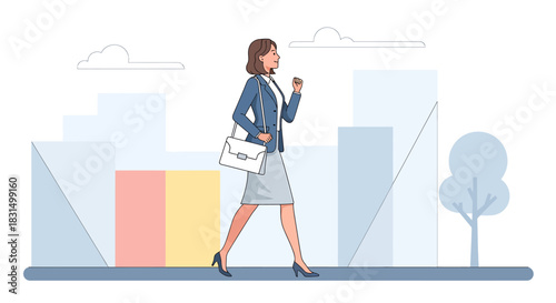 Confident professional businesswoman in a formal suit walking along a city street on her way to the office. Modern urban lifestyle concept vector illustration