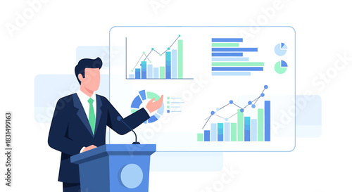 Corporate speaker presenting a business report with data visualization, showcasing financial growth and market analysis
