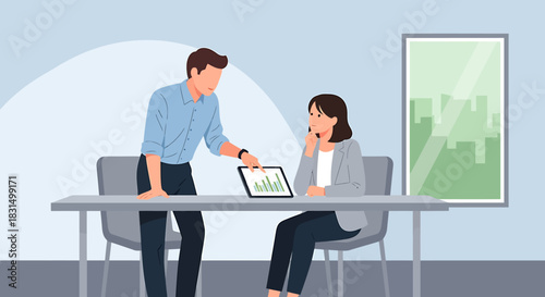 Business Presentation Man Pointing to Tablet with Woman Listening Intently