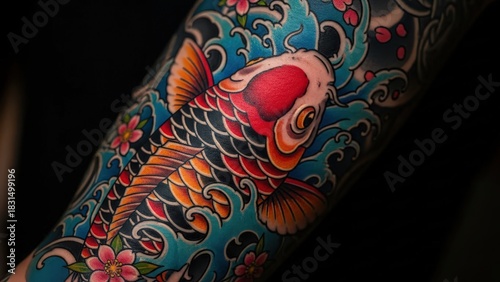 Colorful Koi Fish Tattoo Sleeve with Floral Elements on Arm