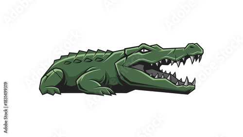 A detailed illustration of a green crocodile with sharp teeth, open mouth, and a textured skin.
