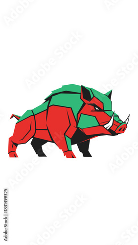 A stylized, geometric illustration of a wild boar with sharp tusks, colored in vibrant red and green.