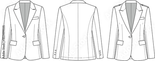 Women's blazer jacket technical cad sketch, flat vector fashion illustration, front and back view, apparel template, clothing design outline