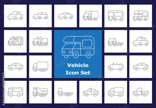 Outline Vehicle Icon Set: Car, Truck, Bus, Camper, Delivery Van, Trailer, Police Car, and Transport Outline Icons for Logistics & Travel.