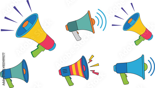 Collection of colorful megaphones with sound waves, a vibrant and playful assortment of communication tools isolated on