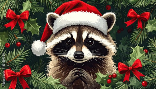 Cute raccoon wearing Santa hat surrounded by festive Christmas holly and pine branches.