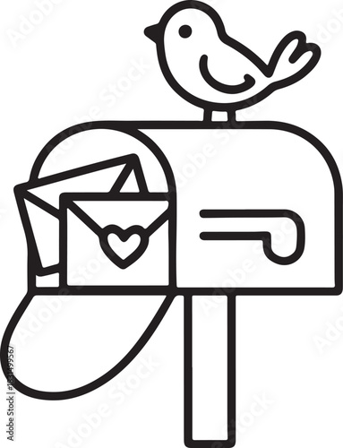 Mailbox outline icon with bird delivering love letters and mail