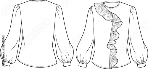 Women's blouse fashion flat sketch, ruffle front detail, puff sleeve top design, technical vector template, CAD drawing, stylish illustration
