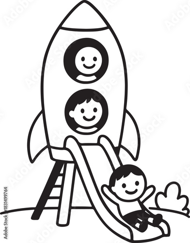 Happy children playing on a rocket slide at the park outdoors