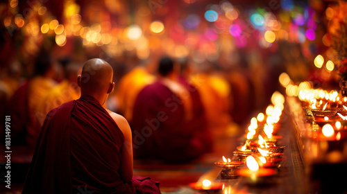 Wallpaper Mural Monks gathering in a vividly lit hall surrounded by butter lamps during the Galdan Namchot festival ceremony Torontodigital.ca