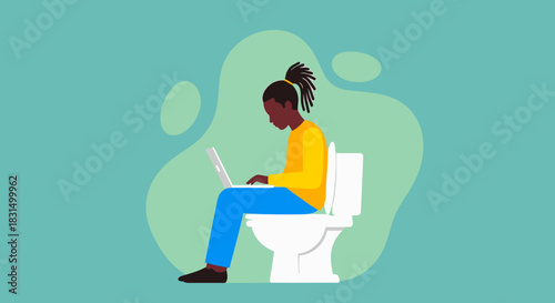 Young woman focused on her laptop while sitting on a toilet, representing the realities of remote work and being constantly connected in the digital age