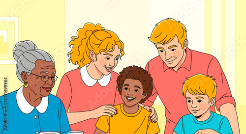 Joyful multi-generational and interracial family portrait featuring parents, grandmother, and two sons embodying love, acceptance, and connection