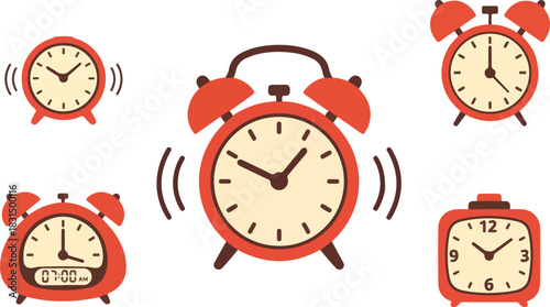 Collection of red alarm clocks ringing and showing different times isolated on concept of time management, deadlines, and the importance of punctuality