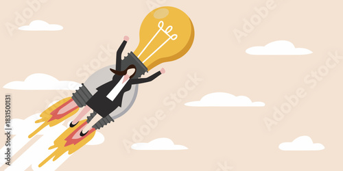 Businesswoman launches into the sky on a rocket powered lightbulb idea