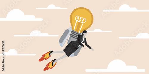 Businesswoman flies with idea bulb jetpack through clouds