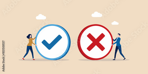 Decision making with checkmark and cross symbols