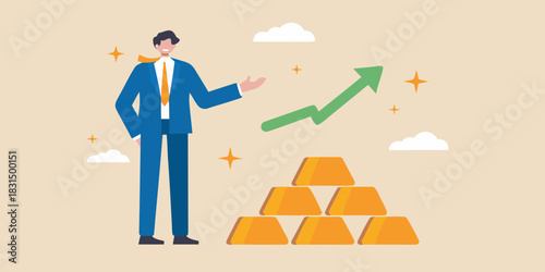 Businessman with gold bars and upward trend arrow