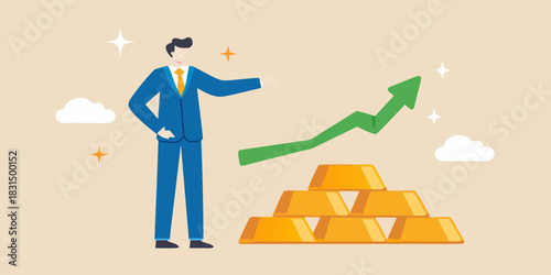 Man points to upward trending arrow over gold bars symbolizing financial growth