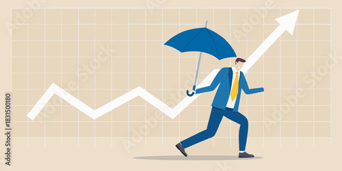 Businessman with umbrella navigates upward trend on financial graph